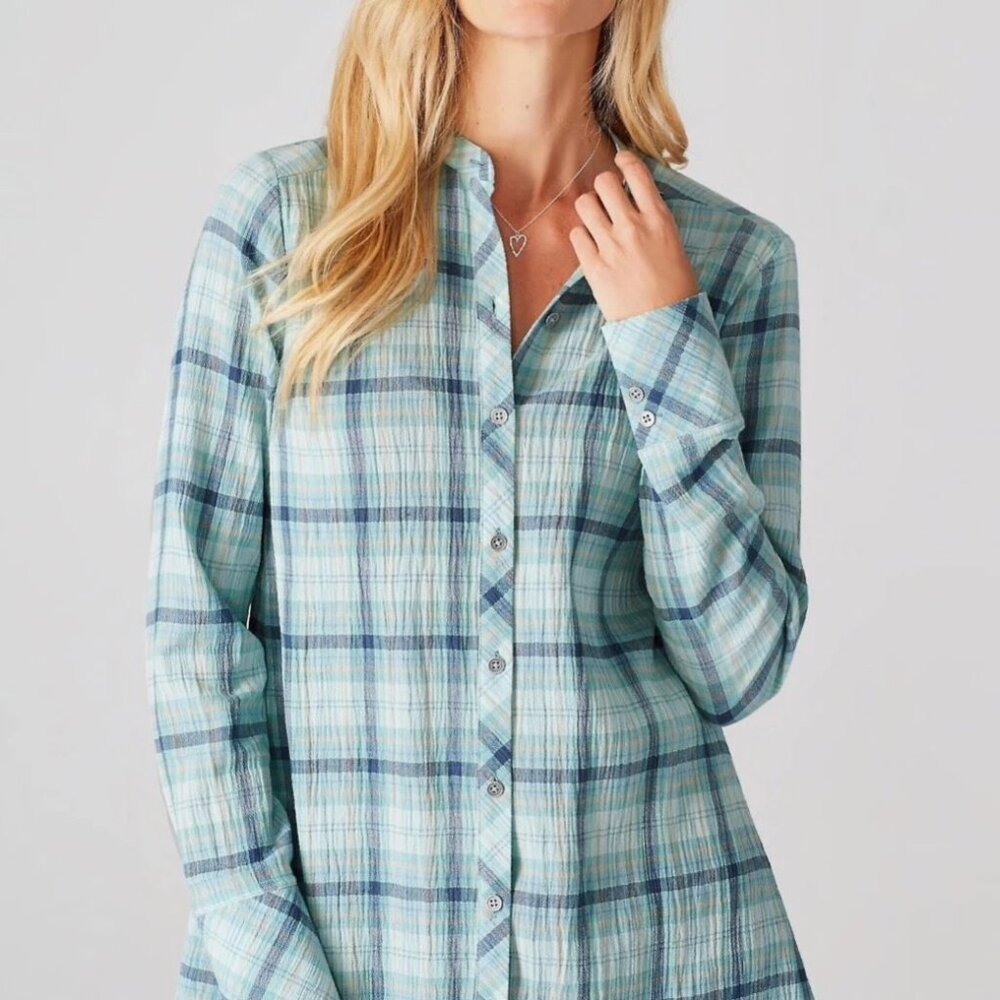 J. Jill Blue Plaid Crinkle Textured Pleated Back Tunic Top - Picture 2 of 9